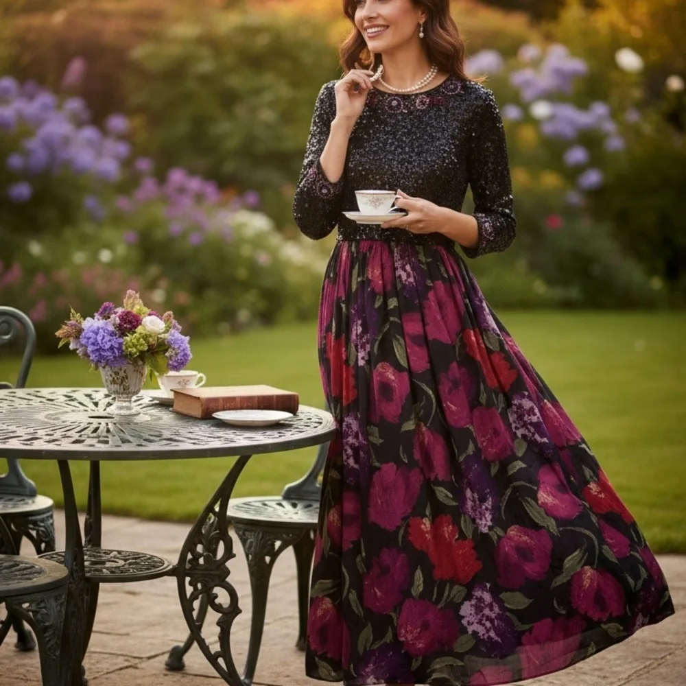 Victoria Royal Ltd Beaded Sequin Silk Gown Black Floral Maxi Dress 6/8 Vintage - Picture 3 of 16